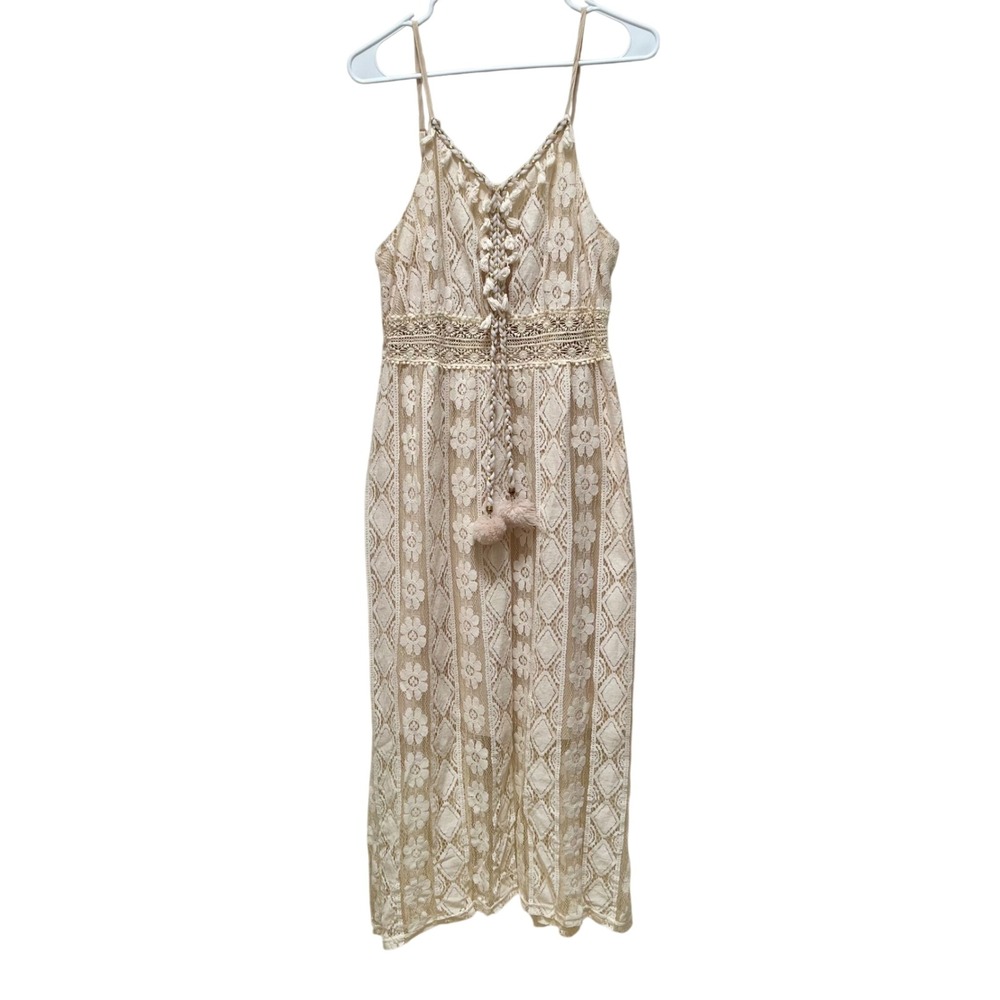 Women Cream Floral Lace Maxi 12 Boho Crochet Tassel Festival Spaghetti Strap